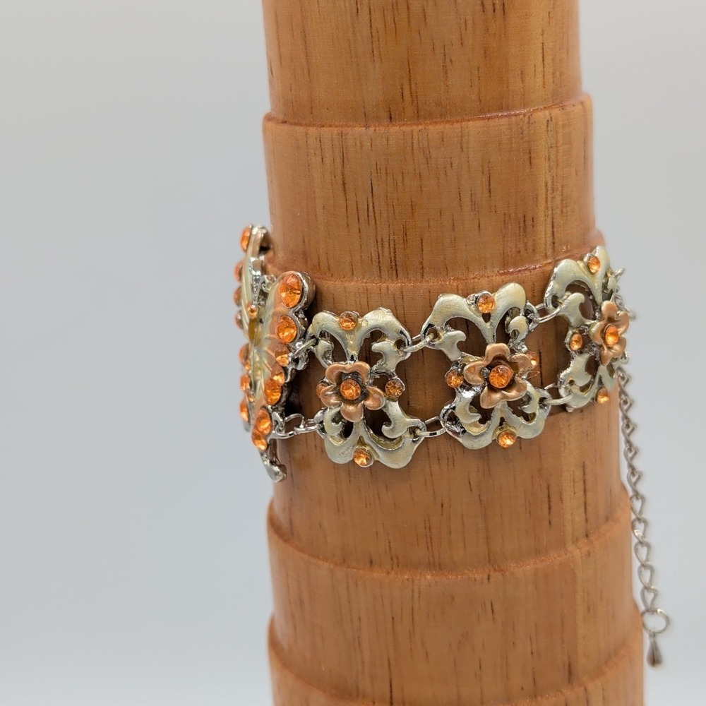 Gold And Silver Tone Enamel Butterfly Floral Link Bracelet Orange Rhinestone - Picture 9 of 16